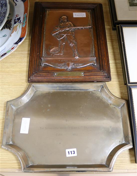 A tray presented to RSM GF Gamble by Sergeants Mess Norfolk Regiment and a copper mounted military plaque